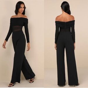 NWT Lulus Sultry Statement Black Mesh Ruched Off-The-Shoulder Jumpsuit Medium